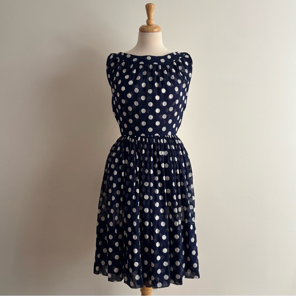 Vintage 1960s GAY GIBSON Navy Blue & White Polka Dot Sleeveless Dress / 24 inch